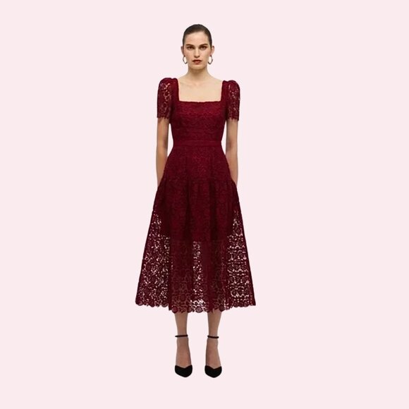 burgundy guipure lace midi dress Red Guipure Lace Button Midi Dress – self-portrait-US main image 1